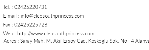 Cleo South Princess Suite Hotel telefon numaralar, faks, e-mail, posta adresi ve iletiim bilgileri